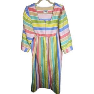 Vtg Fleece Rainbow Striped House Dress L Muumuu Styled by Saybury Retro Grandma